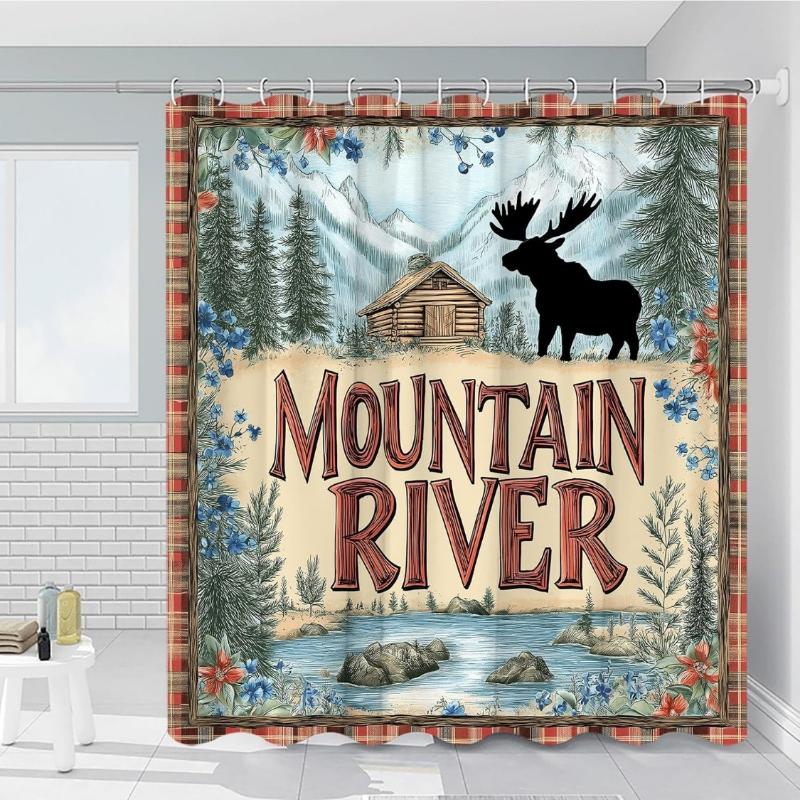 Elk Shower Curtain Forest Scenery Mountain Wildflowers Trees Bush Wildlife Wilderness Plaid Patchwork Vintage Bathroom Decor 90x180CM