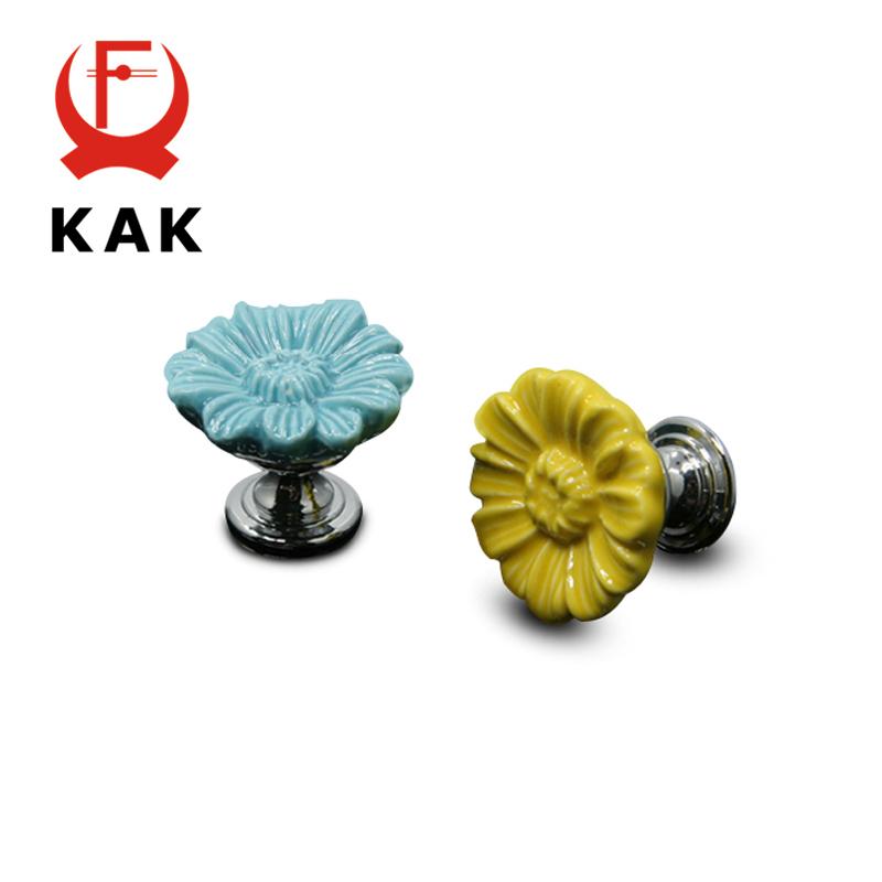KAK Chrysanthemum Ceramic Handles Drawer Knobs Cupboard Door Handles for Kids Room Cabinet Handles with screws Furniture Handles