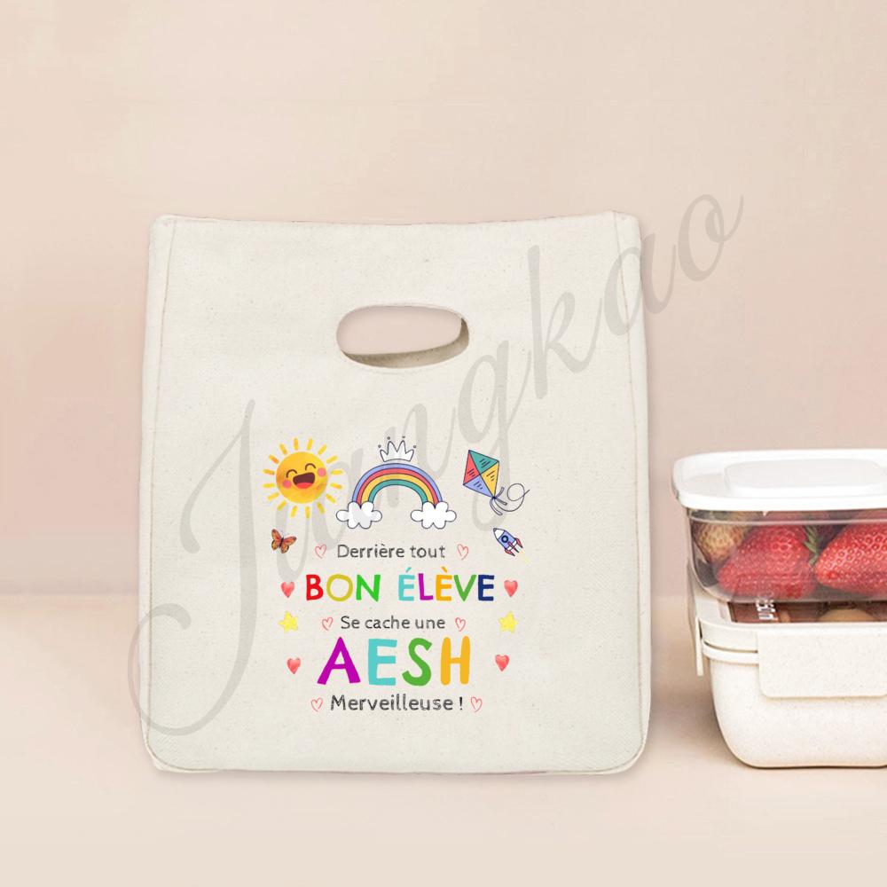 Merci Aesh Print Cooler Bags Lunch Bag Portable Insulated Canvas Thermal School Foods Storage Pouch Gradust Thanks Gift for Aesh