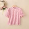 ZANZEA Women Stand Collar Loose Casual Lace Patchwork Short Sleeve Blouse