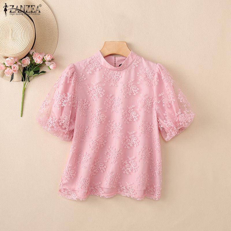 ZANZEA Women Stand Collar Loose Casual Lace Patchwork Short Sleeve Blouse