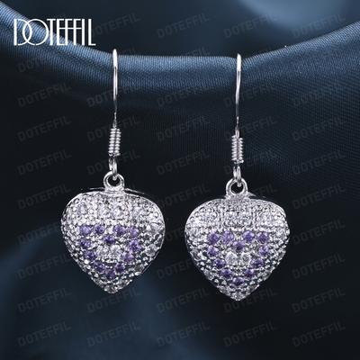 925 Sterling Silver Heart-shaped Purple AAA Zircon Piercing Earrings Fashion Wedding Jewelry