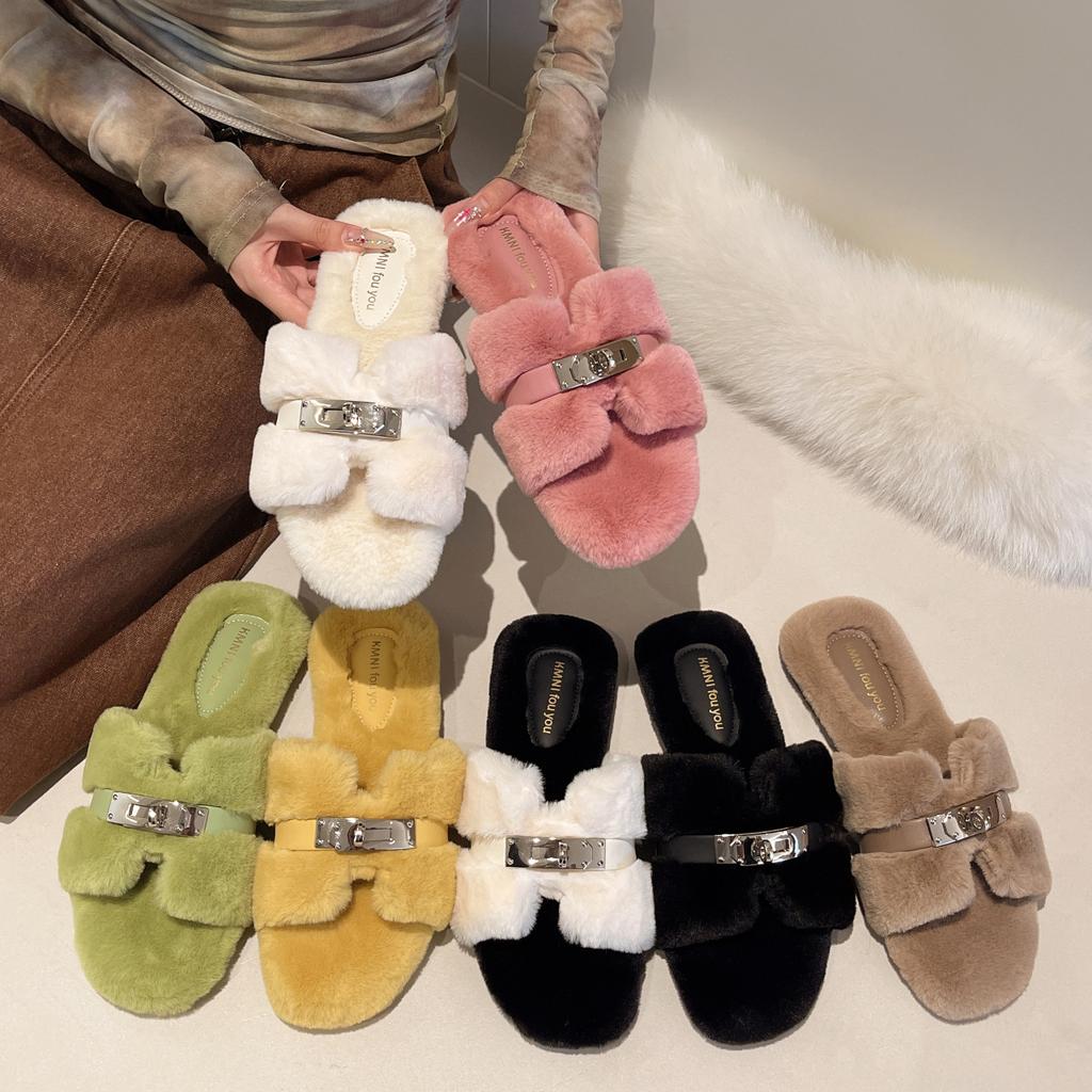 Korean version of fairy wind fluffy slippers female outer wear 2025 autumn and winter new Internet celebrity super fire fashion flat bottom cotton