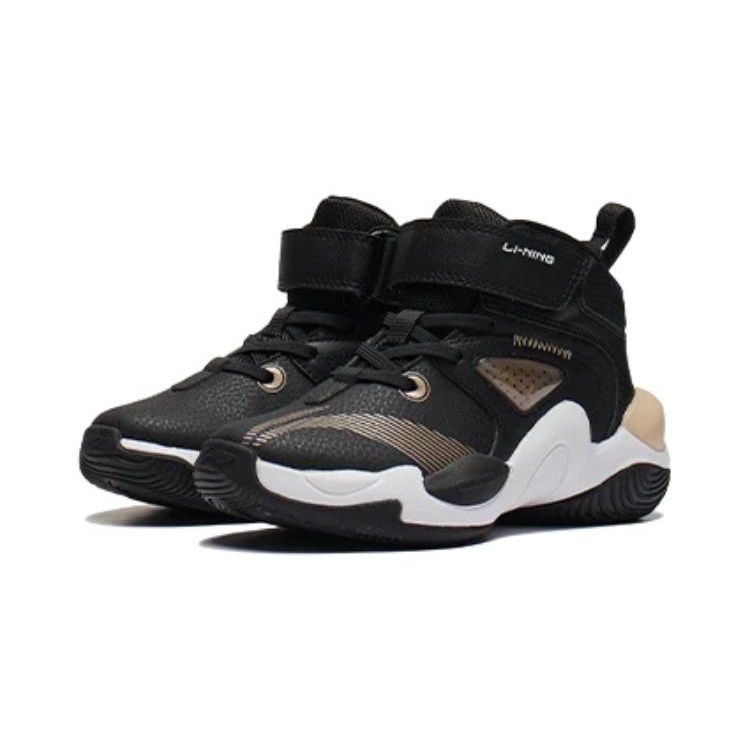 Li Ning Kids Mid-Top Sports Non-Slip Shock Absorbing Wear-Resistant Breathable Casual Shoes Kids Shoes Black Gold YKNS138-3