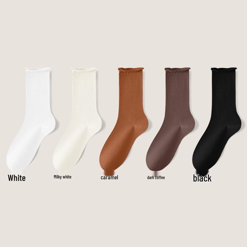 Women's Mid-Calf Cotton Socks: Spring/Autumn Style, Solid Color, Rolled Cuff, Loose Fit, Breathable, Sweat-Absorbent.