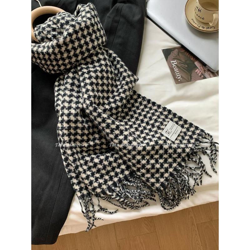 Retro plaid contrasting scarf women's winter warmth couple knitted scarf fringed shawl dual-purpose tide
