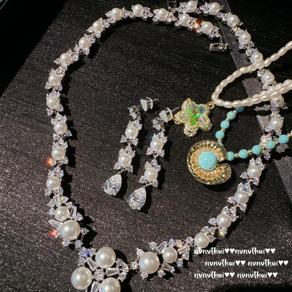 Vine Mermaid Tears, Snowflake Gem Pearl Necklace Vintage Plated 18K Gold, Colorful Star Pearl Necklace