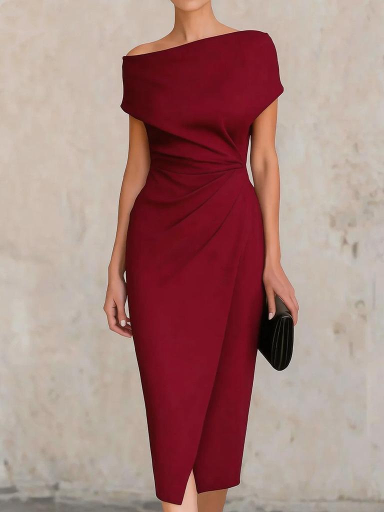 One-Shoulder Ruched High-Waist Tiered Dress for Evening Party, Commute, and Split Cocktail Gown
