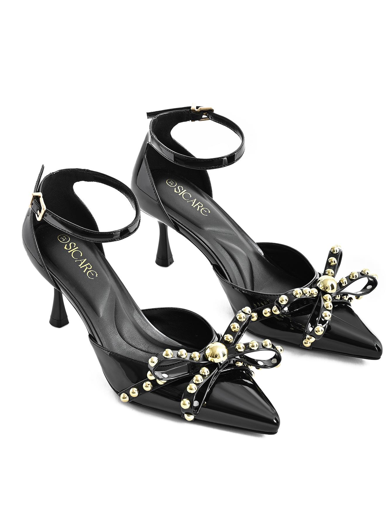 Women s Pointed Toe High Heels with Metal Bow, Ankle Strap,  Hollow Design 36