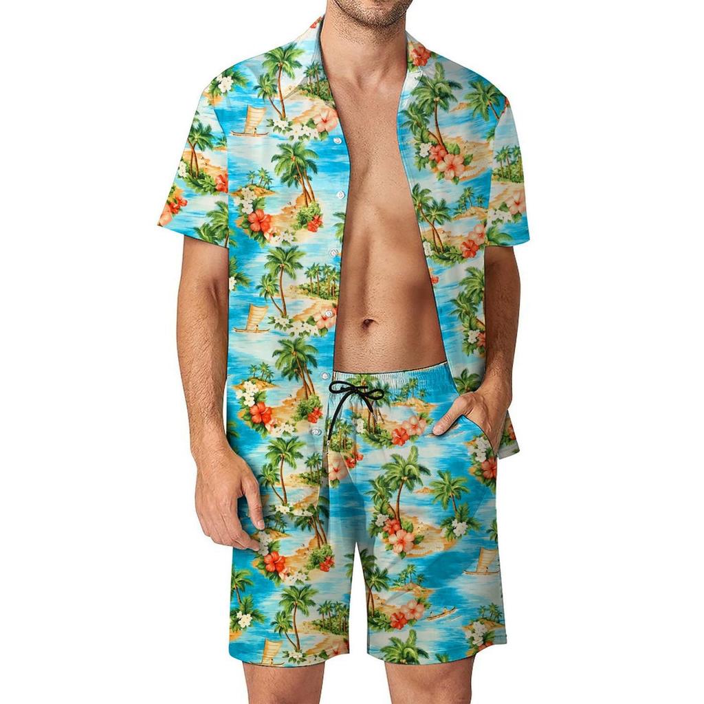Herren Casual Locker Hemd Set Hawaiianische Küste 3D Digitaldruck Strand Kurzarm