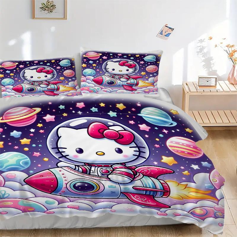 

3pcs Hello Kitty s Cosmic Adventure Quilt Cover Set - Soft & Comfortable Polyester Fabric, All-Season Breathable Comforter Set For 1 Quilt Cover 135x200cm