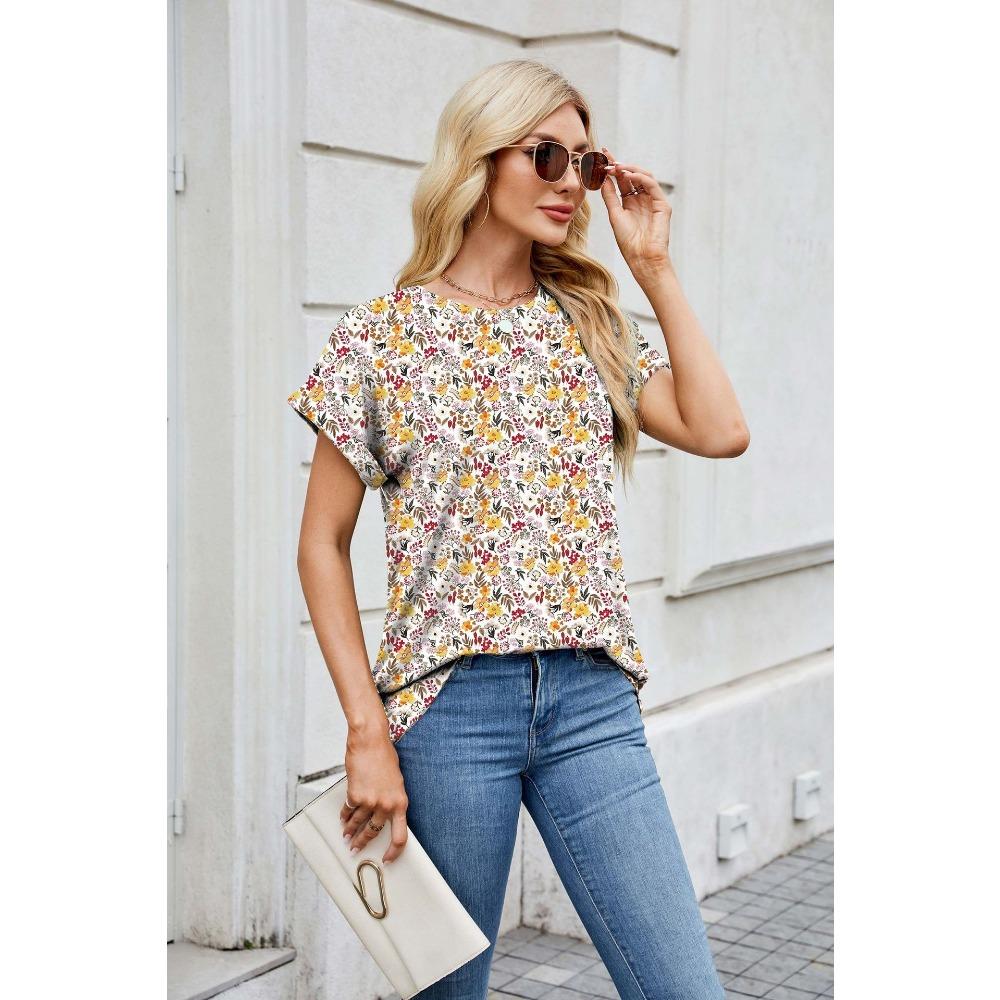 Summer Printed Round Neck Loose Short Sleeved T-shirt Casual Versatile Top for Women