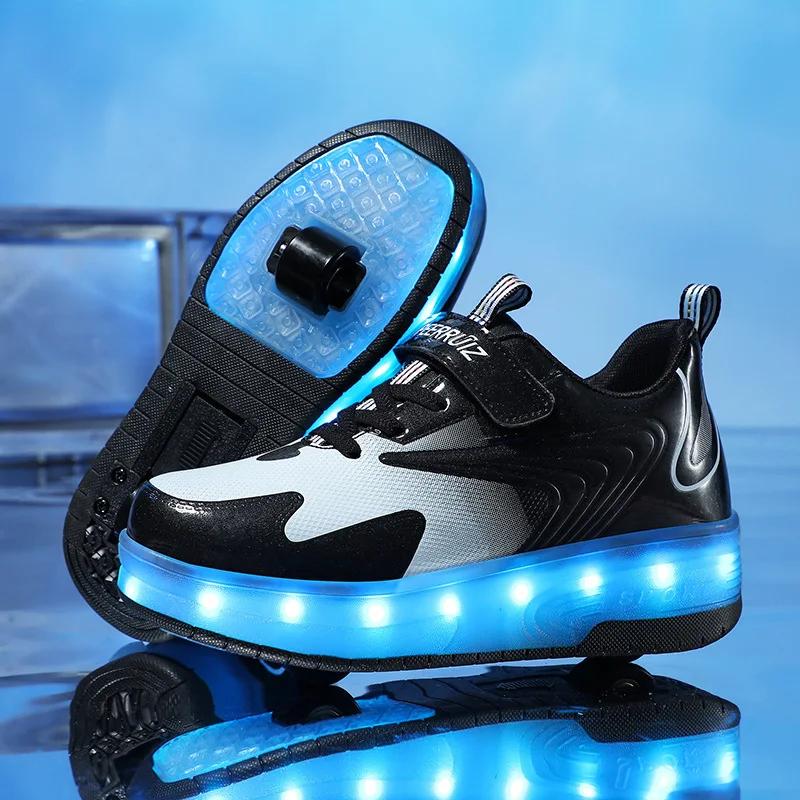 Kluci Dívky Kolečkové boty LED Svítící USB Nabíjení Dětské Kolečkové brusle Ležérní Skateboardingové boty Sportovní boty Dětské Tenisky