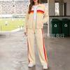Womens Contrast Stripe Sporty Two-Piece Set With Stand Collar Zip-Up Top Wide-Leg Pants