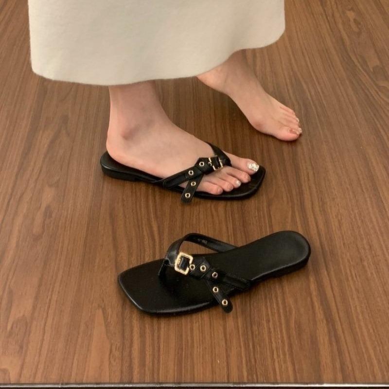 

Fashion Summer Studded Sandals Women s Outside Wear New Vintage Square Toe Open Toe Clip Toe Soft Sole Non-slip Wear-resistant Flats 35 чёрный