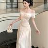 Summer French One-word Shoulder Dress for Women with Waist Temperament and Thin Seaside Vacation Dress