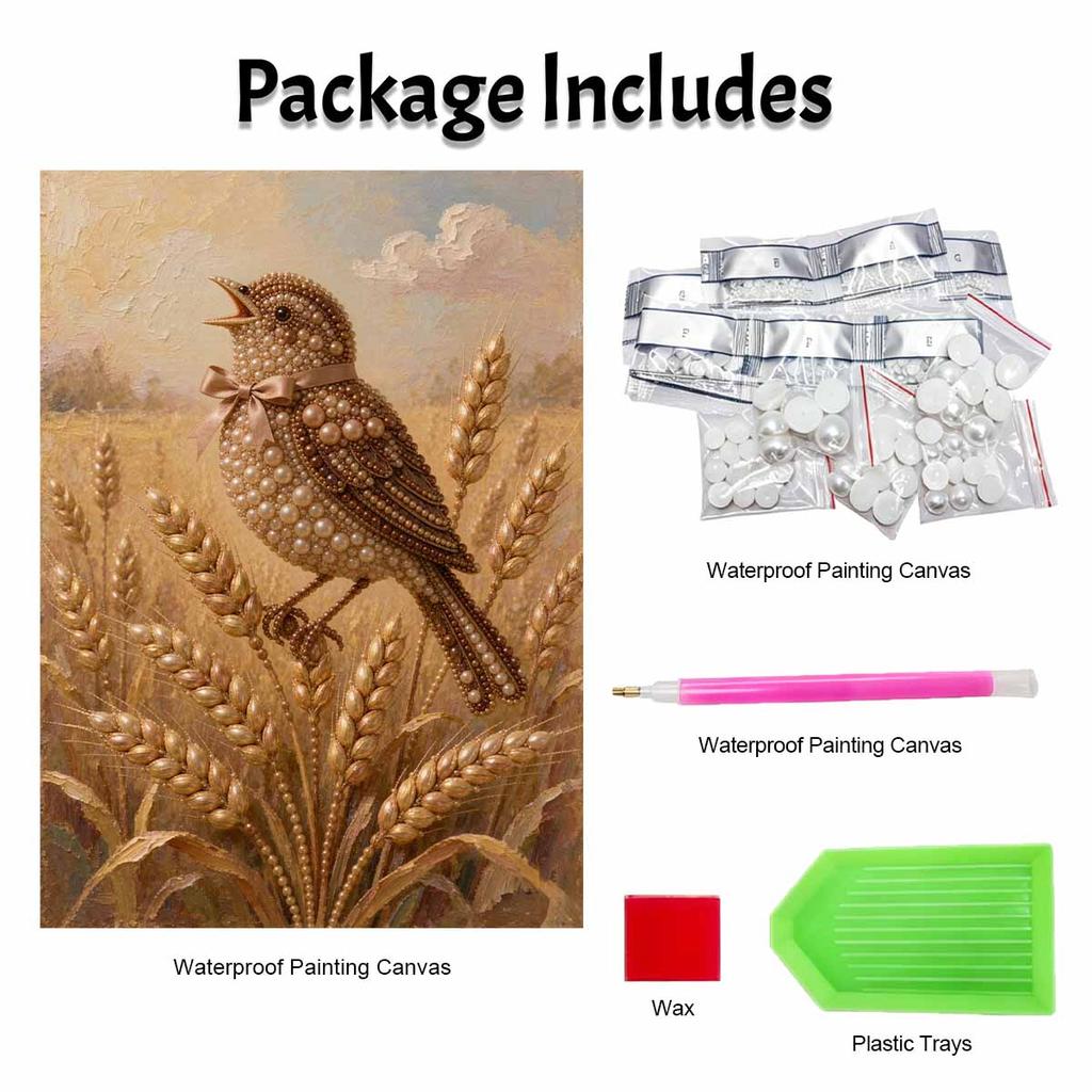DIY 5D Pearl Bead Painting Kit with Frame Singing Bird Wheat Harvest Shiny Canvas Art for Bedroom Wall Decor and Gift