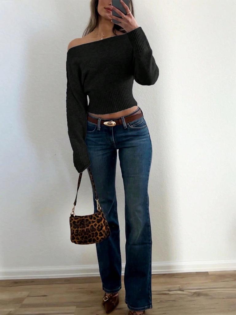 Women S Lazy Off Shoulder Knitted Short Sweater For Winter