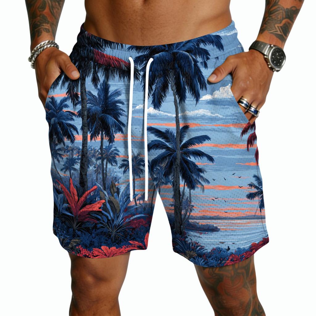 Herren Leichte Shorts mit Kordelzug Schnelltrocknend Entspannte Passform Fünf Taschen Sommer Strand Print Lässig Elastischer Bund Shorts
