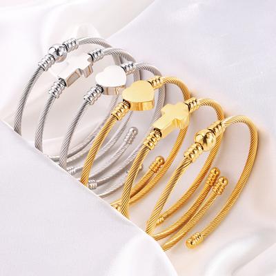 Titanium Steel Bracelet - Heart-shaped Steel Wire Cross Bead Beaded Open Bracelet for Women, Featuring Simple Design and Being A Niche Item.