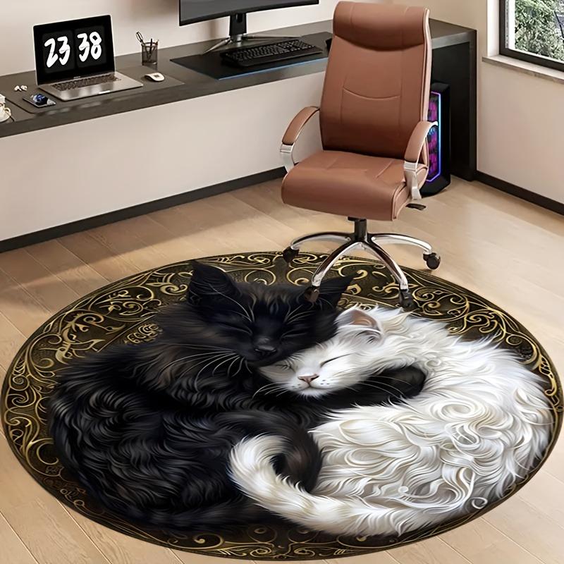 Yin Yang Black and White Cat Print Round Area Rug, Non-Slip, for Living Room, Bedroom, Door Mat Dining Room, Round Area Rug
