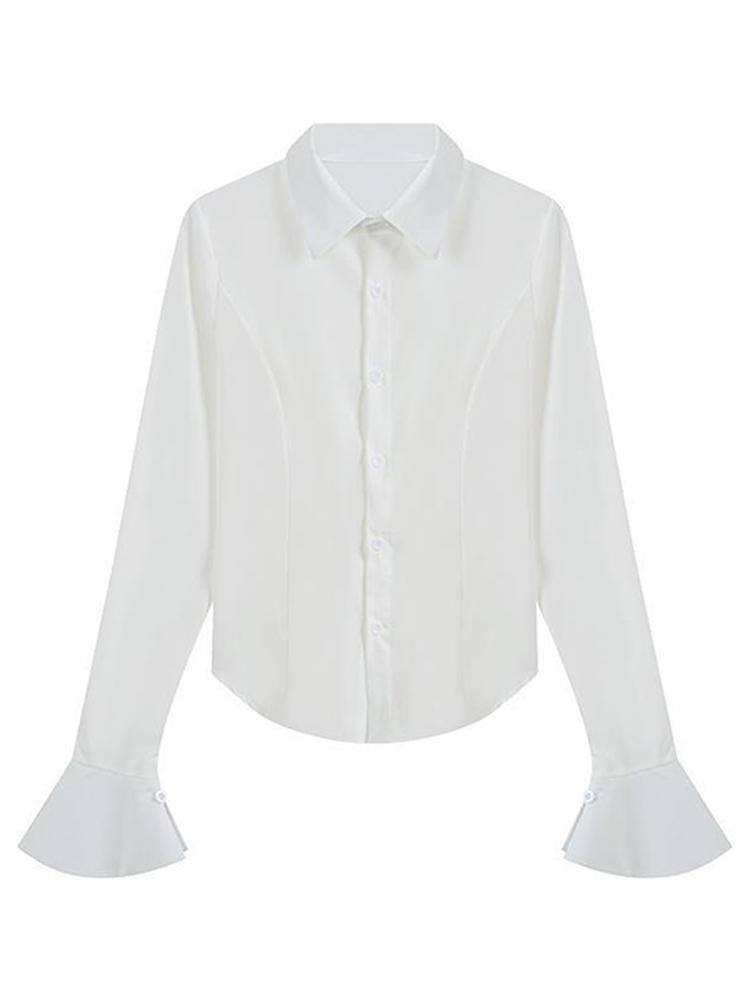 Schlanke ausgestellte Ärmel Damen Hemd solide Revers einreihige Rücken Bandage Tunika Frühling weibliche Blusen