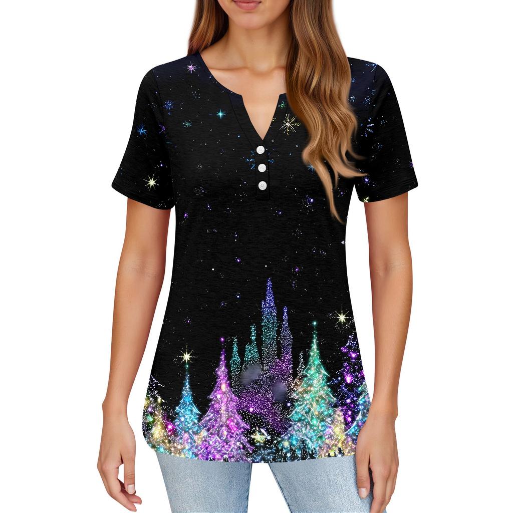 Women's T Shirt Christmas Print Button Short Sleeve Daily Weekend Fashion Basic V- Neck Regular Top