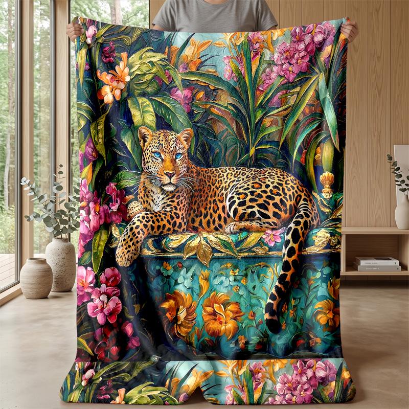 Leopard and Blue Roses Theme blanket Lightweight Warm Flannel Blanket Decorative Throw Blanket for Home Decoration