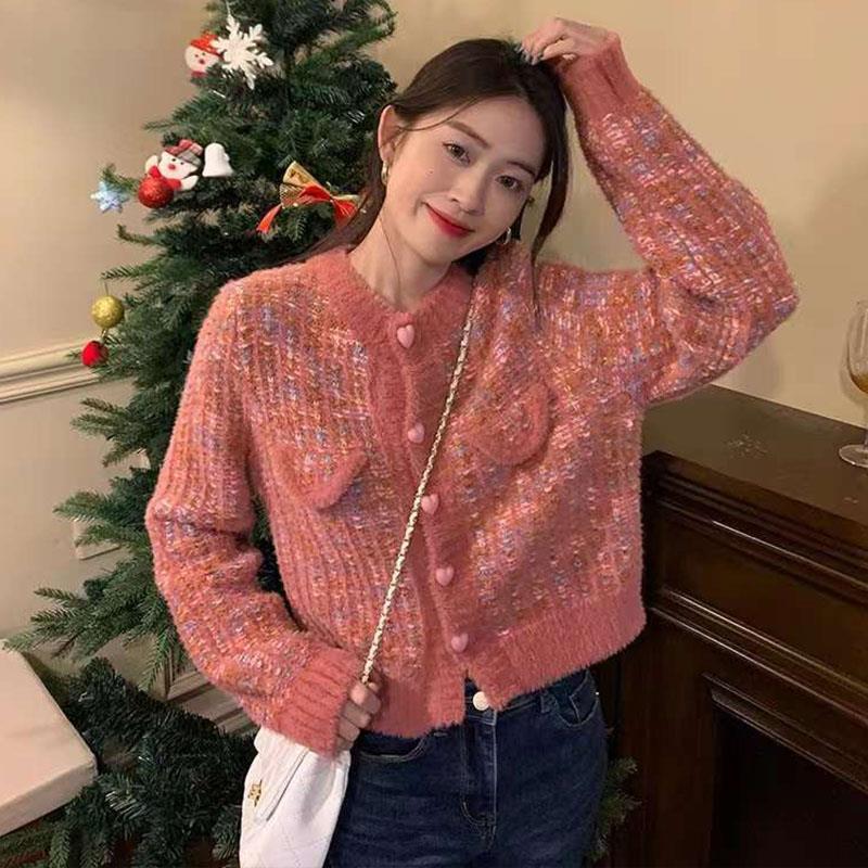 Koreanisch inspirierter Herbst- & Winter-Colorblock-Casual-Strickcardigan, locker, einreihig geknöpft, eleganter Langarmpullover