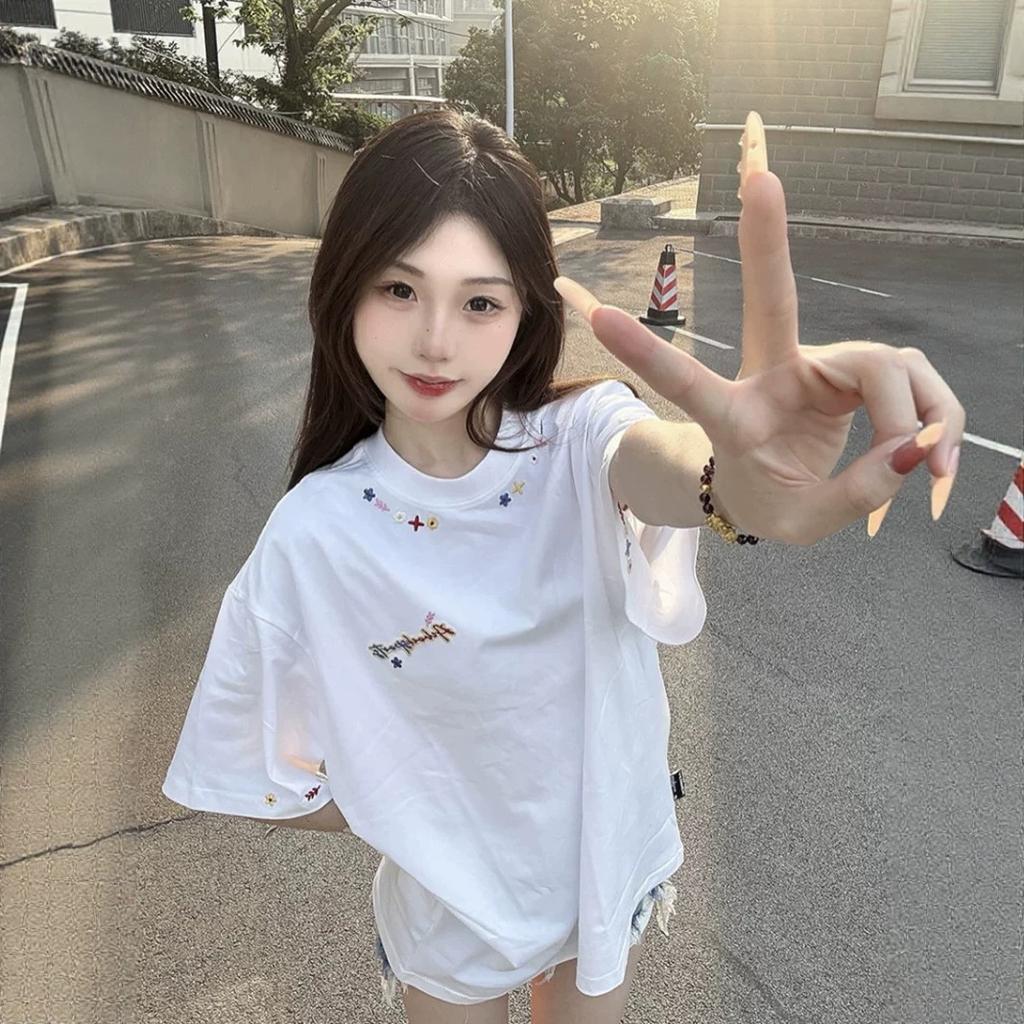 Heavyweight Pure Cotton American Embroidered White Short-sleeve T-shirt for Women, New Design Niche Summer Loose Top