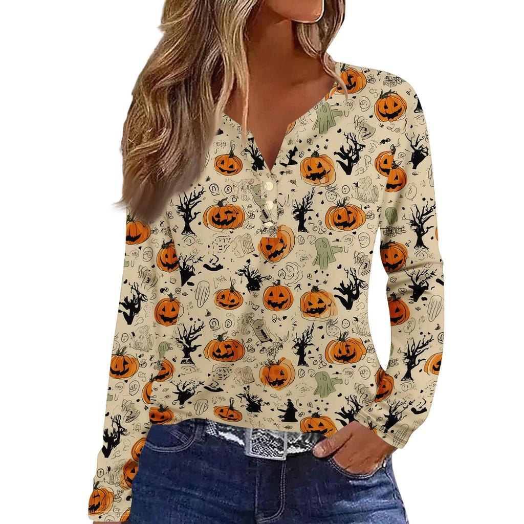 Haut T-shirt Décontracté Mode Femme Imprimé Halloween Col en V Bouton Bordure Manches Longues