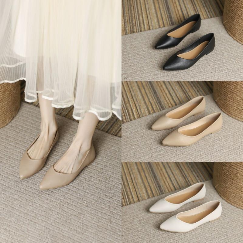 2025 new leather flats pointed women's shoes soft leather soft sole single shoes not tired feet professional black work shoes