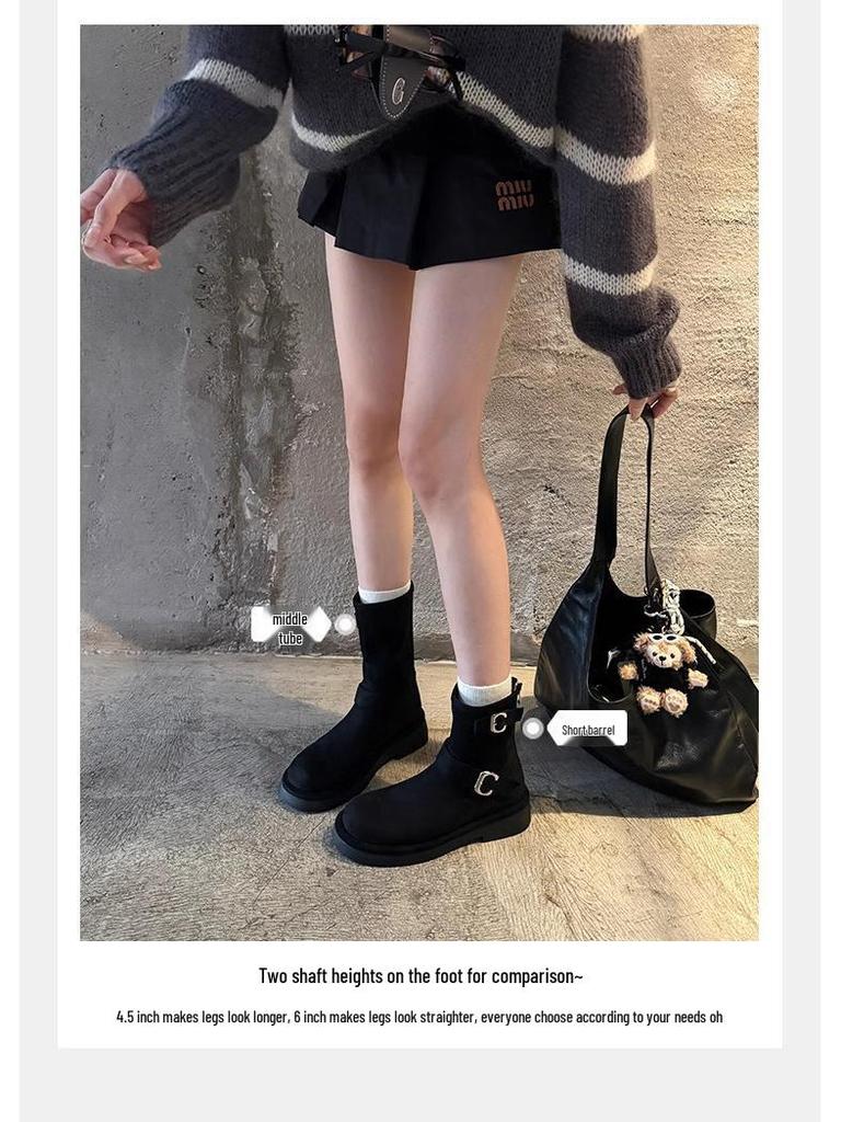 Women's Retro Motorcycle Buckle Boots - 2025 New Skinny Design, Round Toe, Thick Sole, Chunky Heel, Height Increasing, Mid-Calf, Autumn/Winter Style.