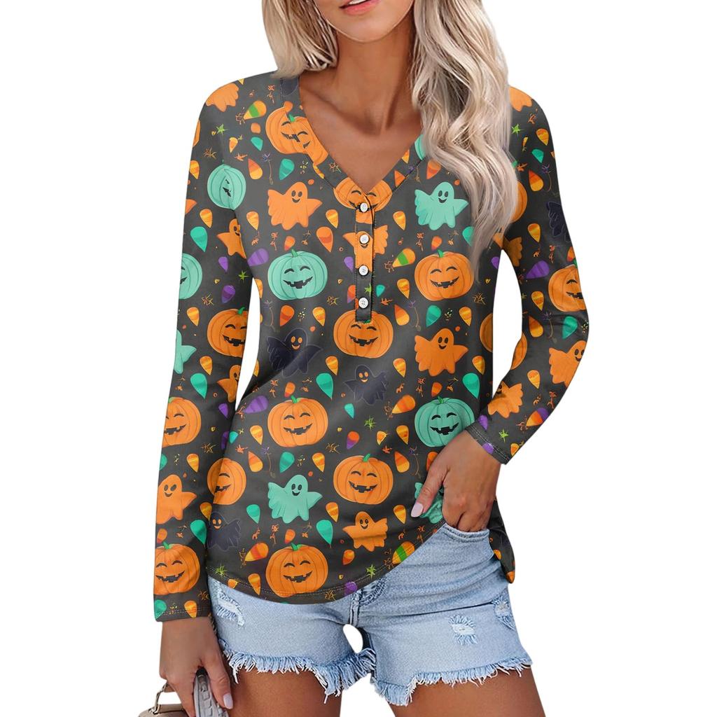 Women's Casual Fashion Sexy Comfort Halloween Printed V-Neck Button Long Sleeve