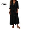 Beach Dress Women Women's Summer Button Down Long Dress, Casual Loose V Retro Style Neck Tunic Roll Up Sleeve Vacation Lounge Outfits Solid Color