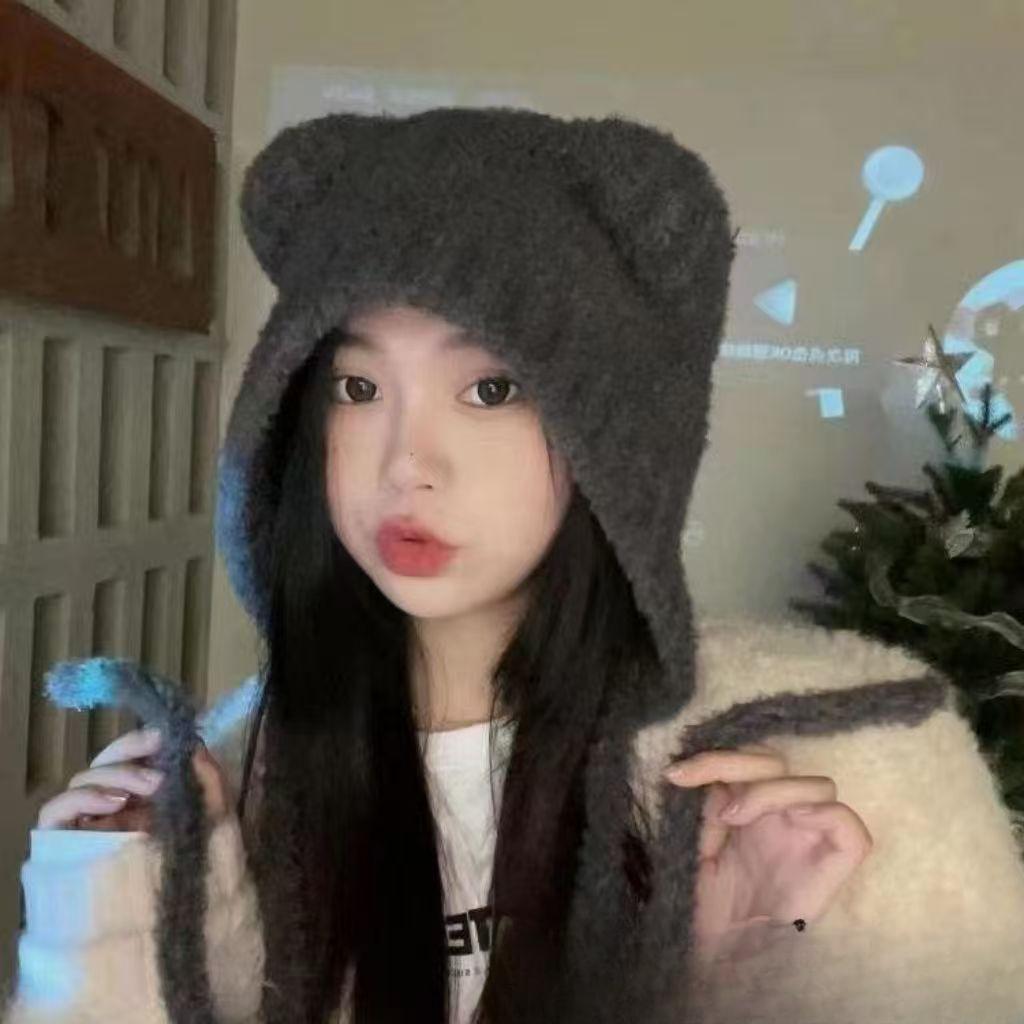 Cute Bear Ear Wool Hat for Women In Autumn and Winter Warm Knitted Hat Plush Hat Versatile Cold Protection Ear Tip Hat