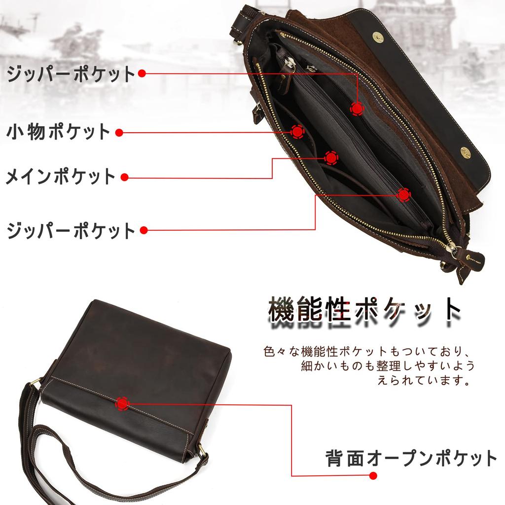 Luufan Men's Genuine Leather Shoulder Bag, A4 Size, Messenger Bag, Large Capacity, Leather Crossbody Bag with Flap, Durable, Retro Design, Dark Brown