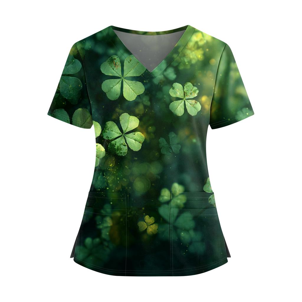 Frauen St. St. Patrick's Day Druck V-Ausschnitt Doppeltasche Kurzarm Uniform Oberteil mit geschlitztem Saum