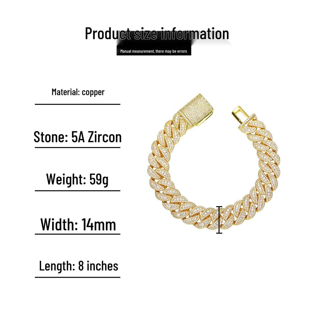 14mm Full Diamond Zircon Hip Hop Cuban Chain Necklace Bracelet for Men