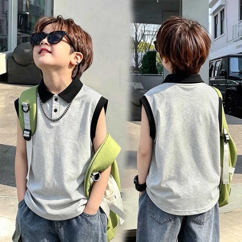 Boys' Color Block Cotton Polo Shirt Vest - Summer 2026 New Arrival, Medium & Large Patchwork Lapel Sleeveless Top