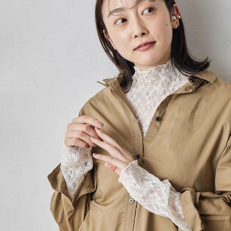 

Japanese Single Japanese Style See-through Easiest for Match Mesh Floral Lace Fungus Long Sleeve High Neck Inner Wear Bottoming Shirt Top Shirt Women Milky White M