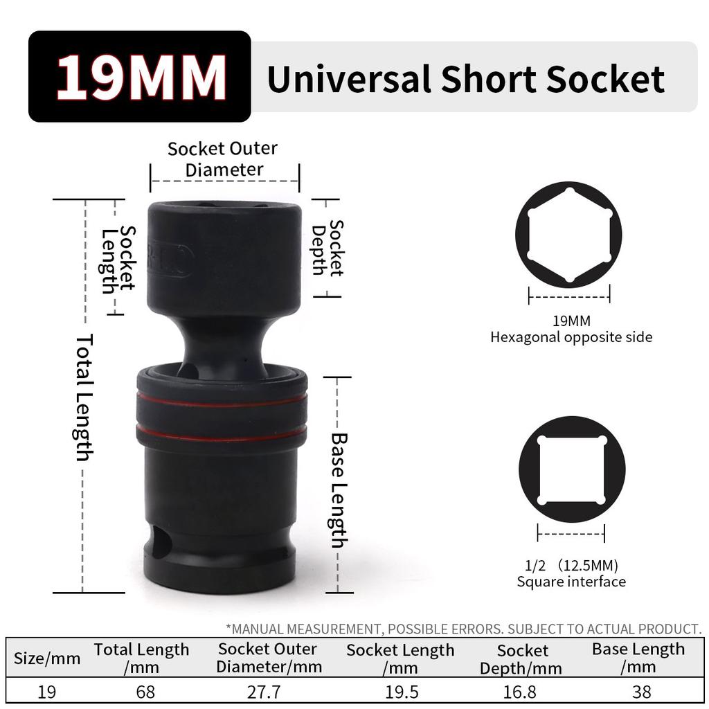 1/2inch Drive 10-24mm Universal Joint Hex Short Socket Electric Wrench Adapter 360°Swivel Impact Socket For Pneumatic Wrench