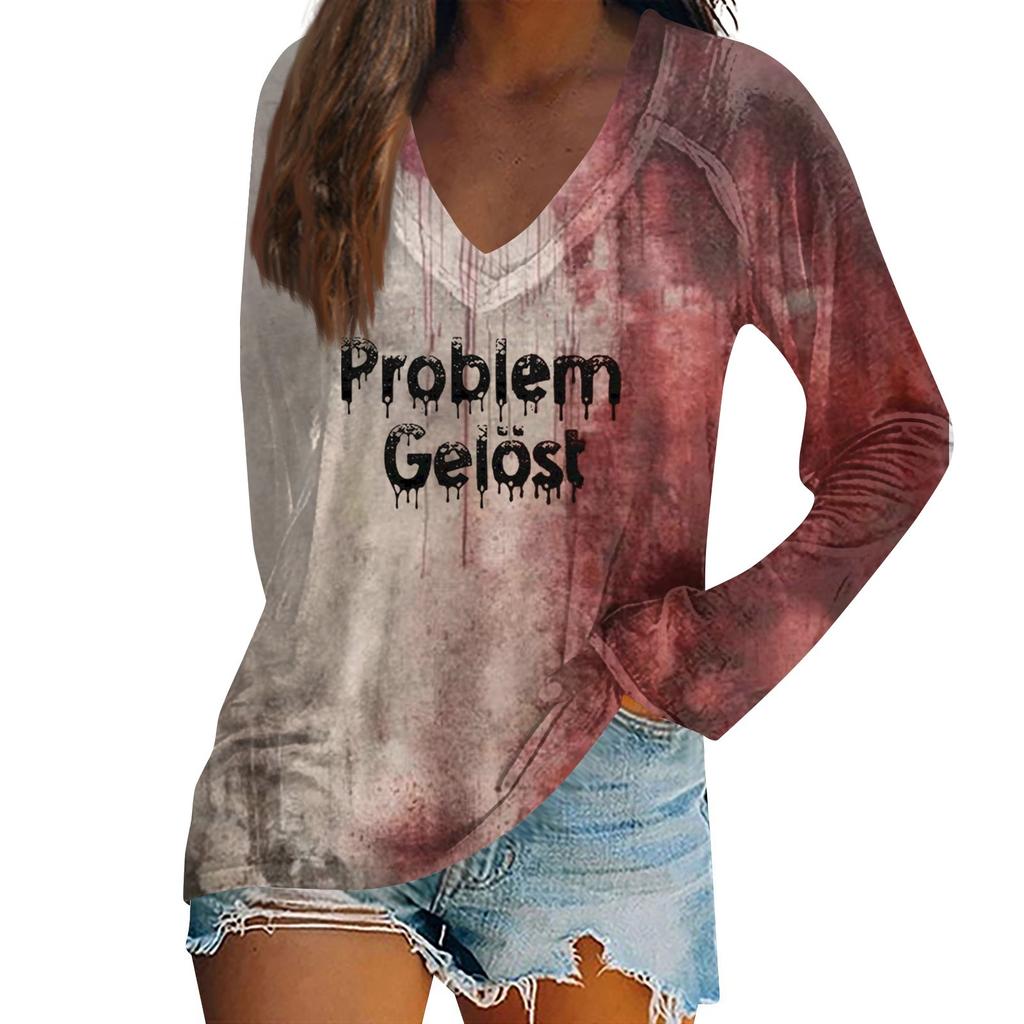 Women's Casual Fashion Snowflake Printed Vintage Casual Print Long Sleeve V-Neck Pullover Top Blouse