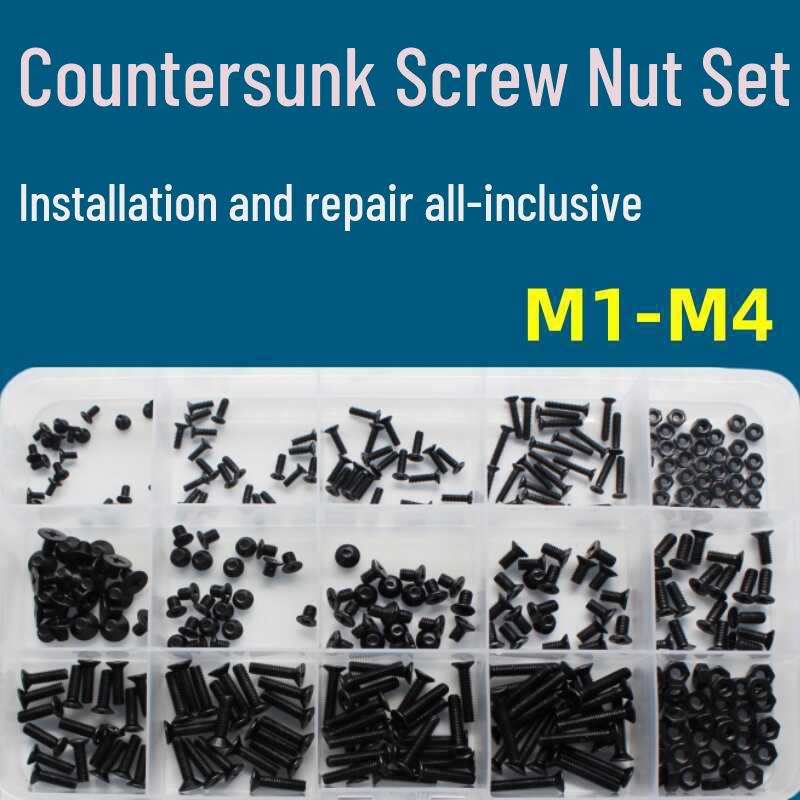 Black Plated Flat Head Phillips Screws and Nuts Set for Home Repair (M1-M4) Model KM Black Plated A 7 Slots
