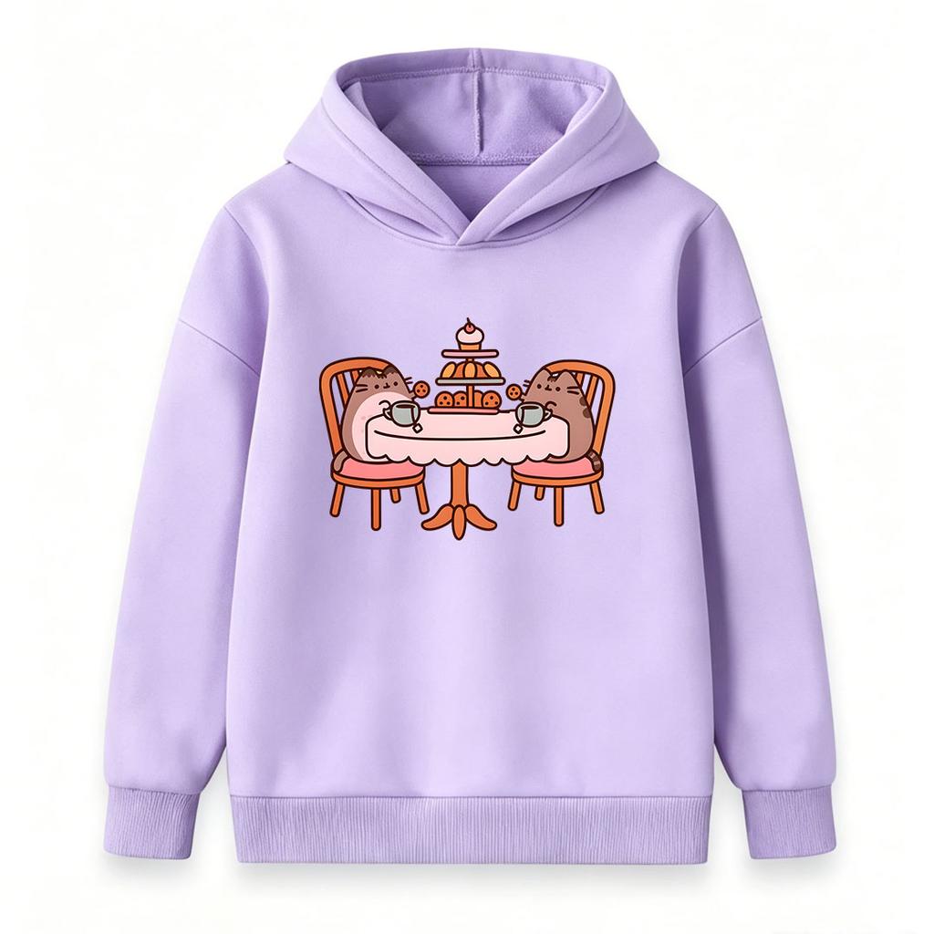Kids Boys Girls Hooded Sweatshirt, Cute Cartoon Cat Afternoon Tea Print Casual Pullover Hoodie, Soft Warm Long Sleeve Top for Daily Wear and School Gi