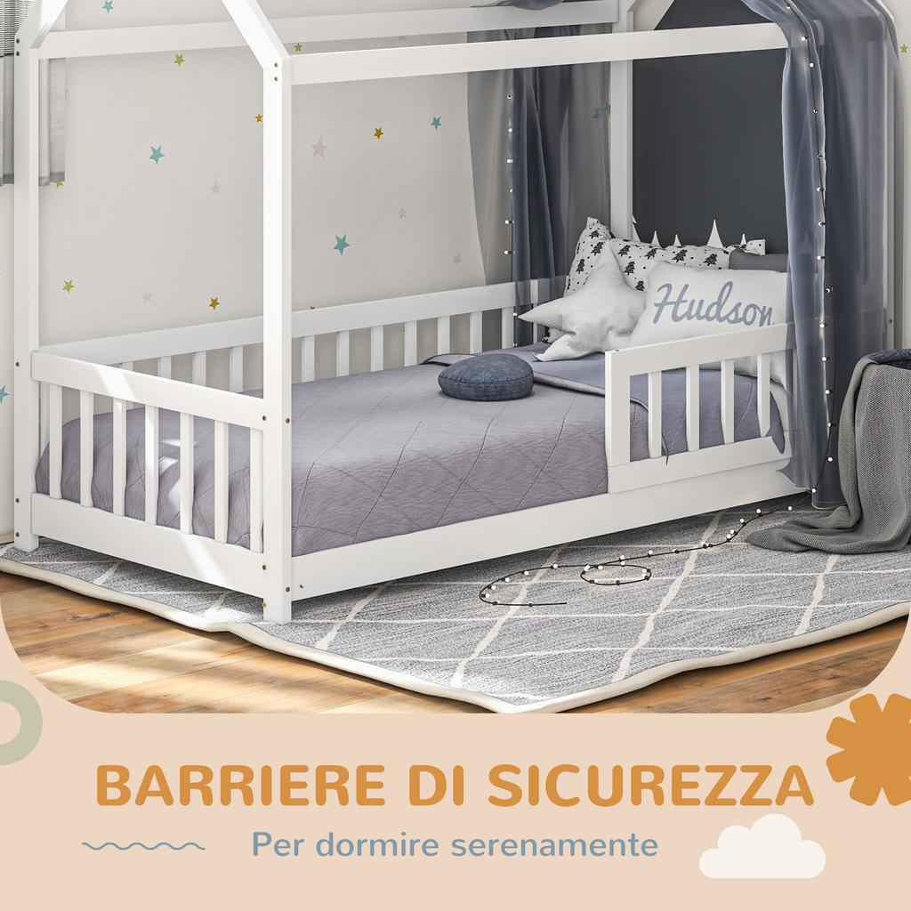 House-Shaped Kids Bed Frame with Guard Rails, Solid Pine Wood Single Bed Frame for Kids Boys and Girls