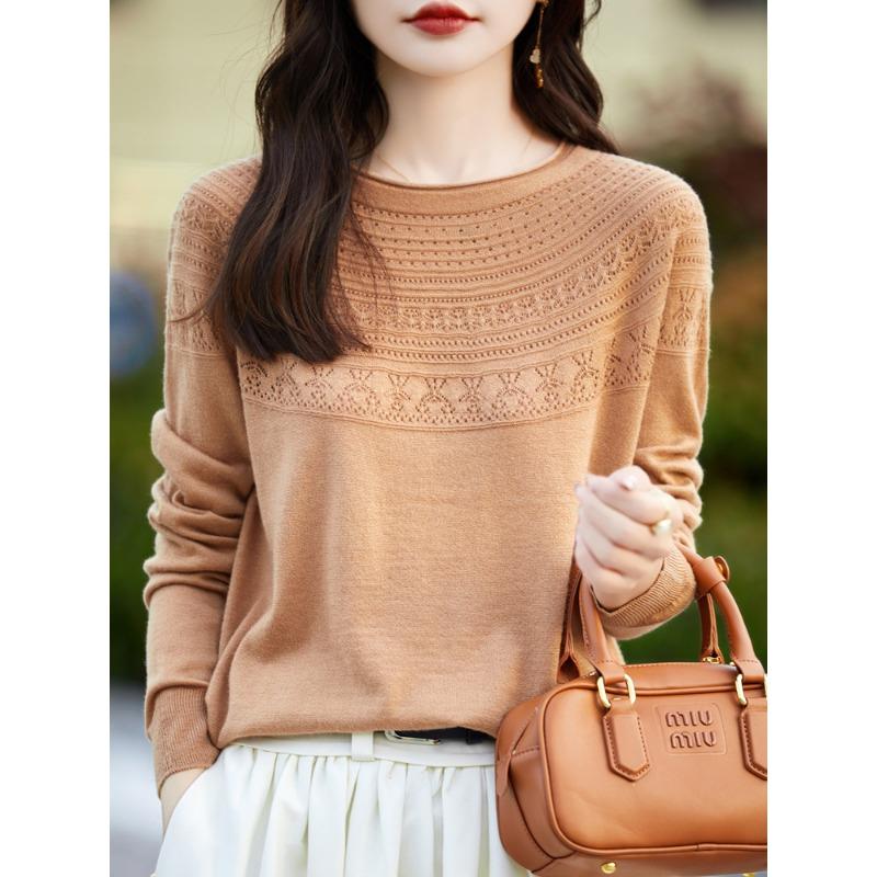 Jednořádkový hotový vlněný svetr s rolovaným kulatým výstřihem pro ženy Na léto Volný univerzální tenký vlněný základní svetr pro ženy