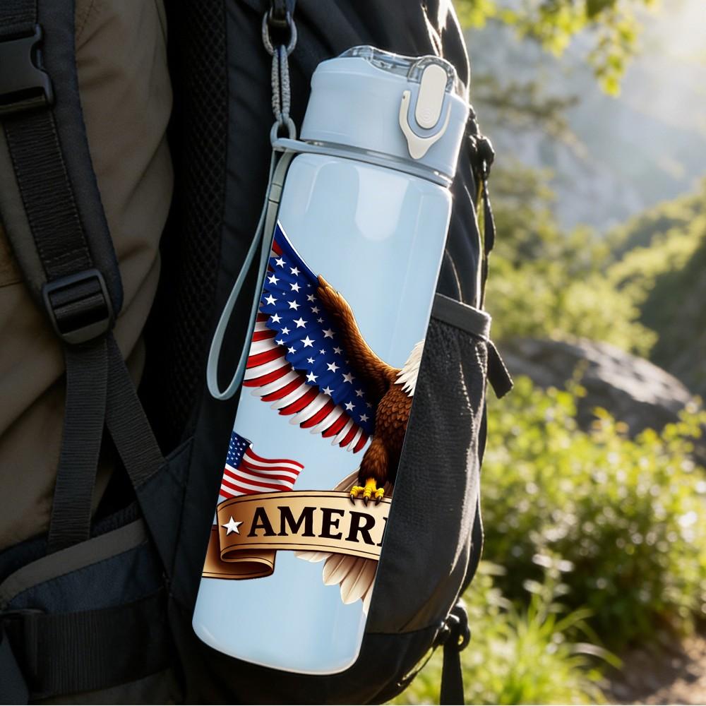 1PC Bald Eagle American Flag Patriotic Print 750ml Color Plastic Sports Water Bottle Leakproof Flip Straw Lid Suitable for Sports Office Home Use