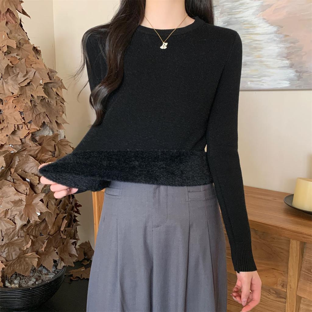 Fleece thickened crew neck top women's design sense integrated fleece sweater winter inner knitted sweater top