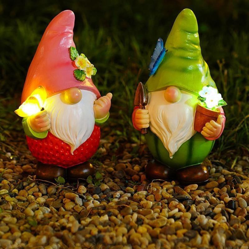 Watermelon Faceless Dwarf Sculpture Resin Solar Lamp Ornaments Outdoor Cute Fruit Spirit Statue Butterfly Flower Garden Crafts